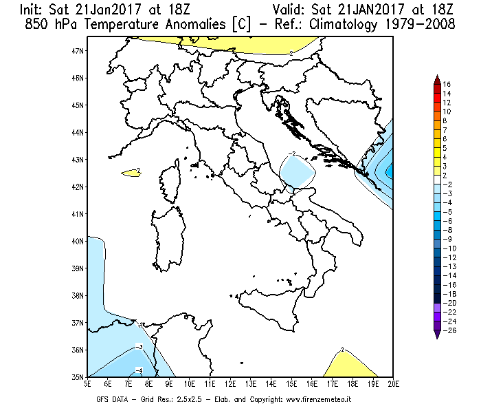 Mappa di analisi GFS - Anomalia Temperatura [°C] a 850 hPa in Italia
							del 21/01/2017 18 <!--googleoff: index-->UTC<!--googleon: index-->