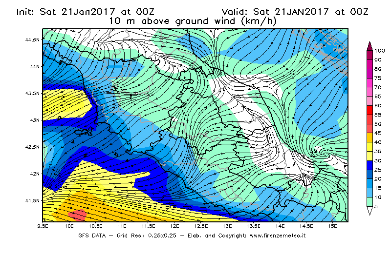 Mappa di analisi GFS - Velocità del vento a 10 metri dal suolo [km/h] in Centro-Italia
							del 21/01/2017 00 <!--googleoff: index-->UTC<!--googleon: index-->
