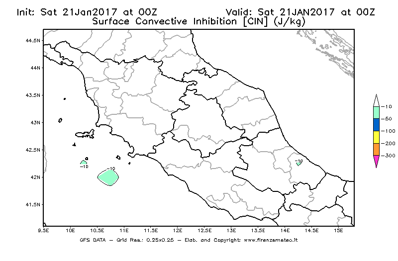 Mappa di analisi GFS - CIN [J/kg] in Centro-Italia
							del 21/01/2017 00 <!--googleoff: index-->UTC<!--googleon: index-->