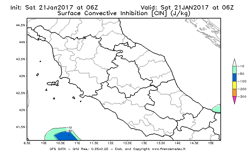 Mappa di analisi GFS - CIN [J/kg] in Centro-Italia
							del 21/01/2017 06 <!--googleoff: index-->UTC<!--googleon: index-->