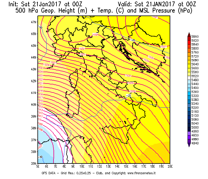 Mappa di analisi GFS - Geopotenziale [m] + Temp. [°C] a 500 hPa + Press. a livello del mare [hPa] in Italia
							del 21/01/2017 00 <!--googleoff: index-->UTC<!--googleon: index-->