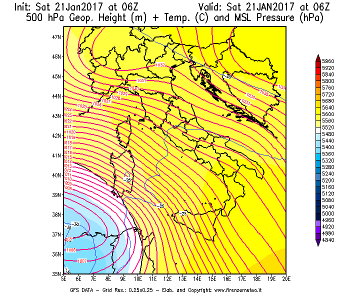 Mappa di analisi GFS - Geopotenziale [m] + Temp. [°C] a 500 hPa + Press. a livello del mare [hPa] in Italia
							del 21/01/2017 06 <!--googleoff: index-->UTC<!--googleon: index-->