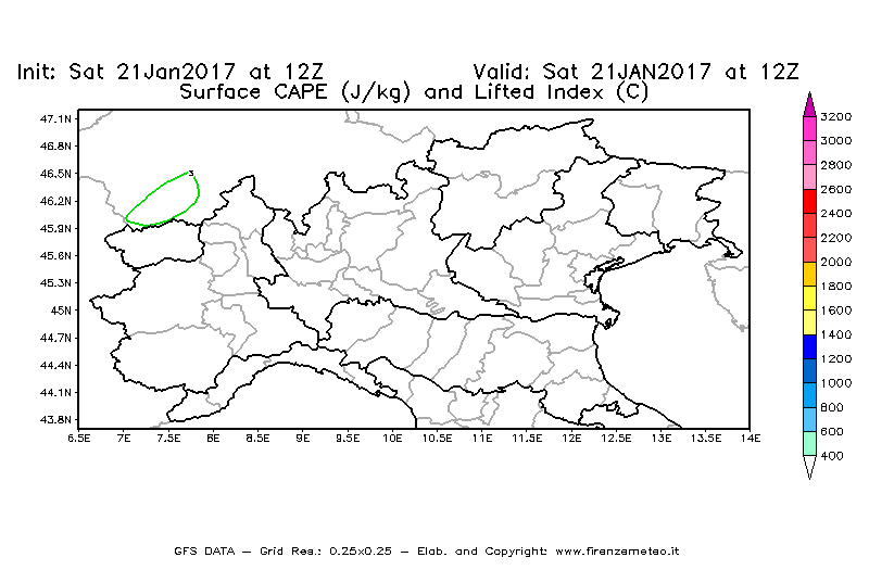 Mappa di analisi GFS - CAPE [J/kg] e Lifted Index [°C] in Nord-Italia
							del 21/01/2017 12 <!--googleoff: index-->UTC<!--googleon: index-->
