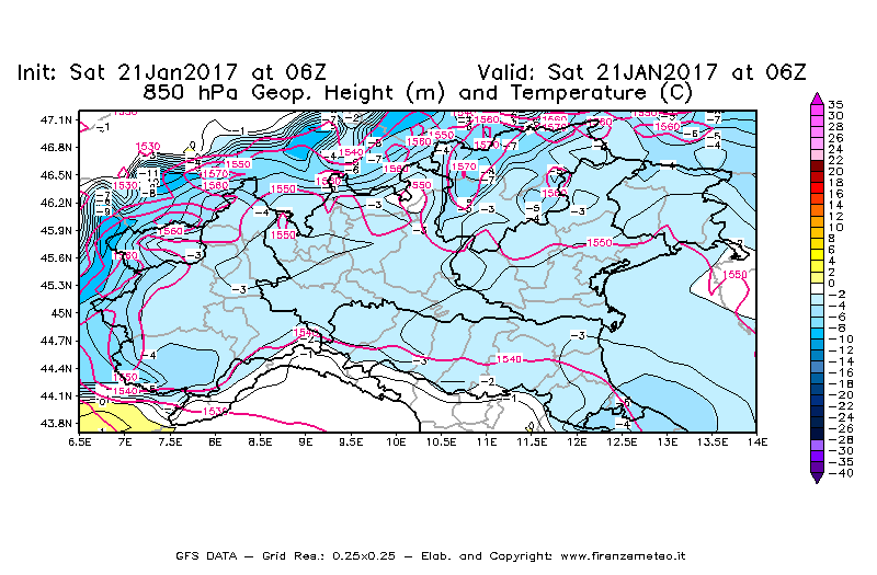 Mappa di analisi GFS - Geopotenziale [m] e Temperatura [°C] a 850 hPa in Nord-Italia
							del 21/01/2017 06 <!--googleoff: index-->UTC<!--googleon: index-->
