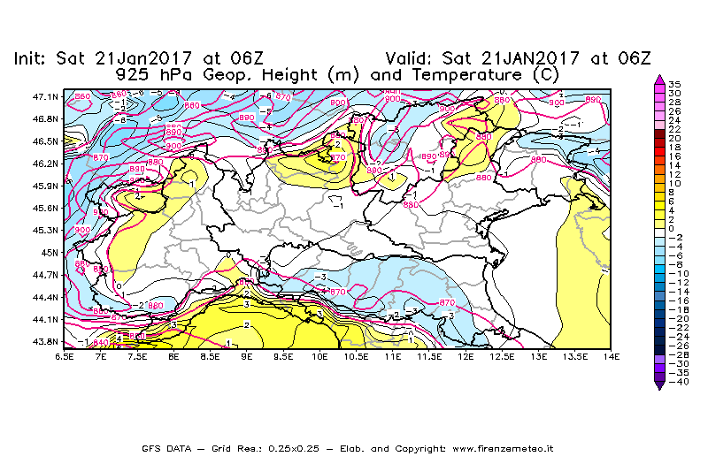 Mappa di analisi GFS - Geopotenziale [m] e Temperatura [°C] a 925 hPa in Nord-Italia
							del 21/01/2017 06 <!--googleoff: index-->UTC<!--googleon: index-->