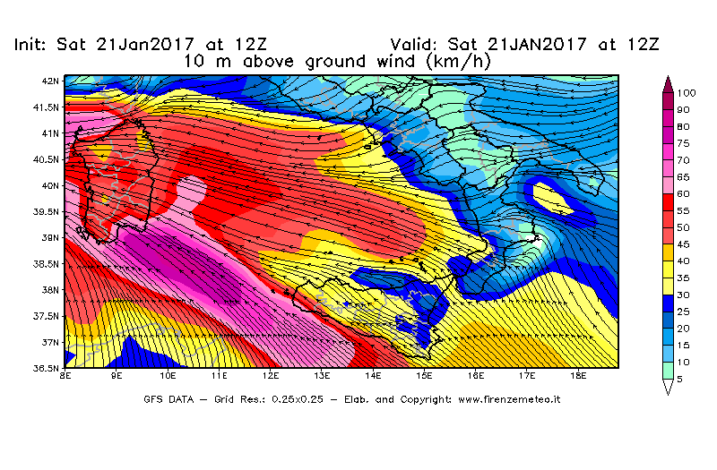Mappa di analisi GFS - Velocità del vento a 10 metri dal suolo [km/h] in Sud-Italia
							del 21/01/2017 12 <!--googleoff: index-->UTC<!--googleon: index-->
