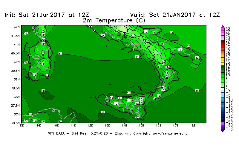 Mappa di analisi GFS - Temperatura a 2 metri dal suolo [°C] in Sud-Italia
							del 21/01/2017 12 <!--googleoff: index-->UTC<!--googleon: index-->