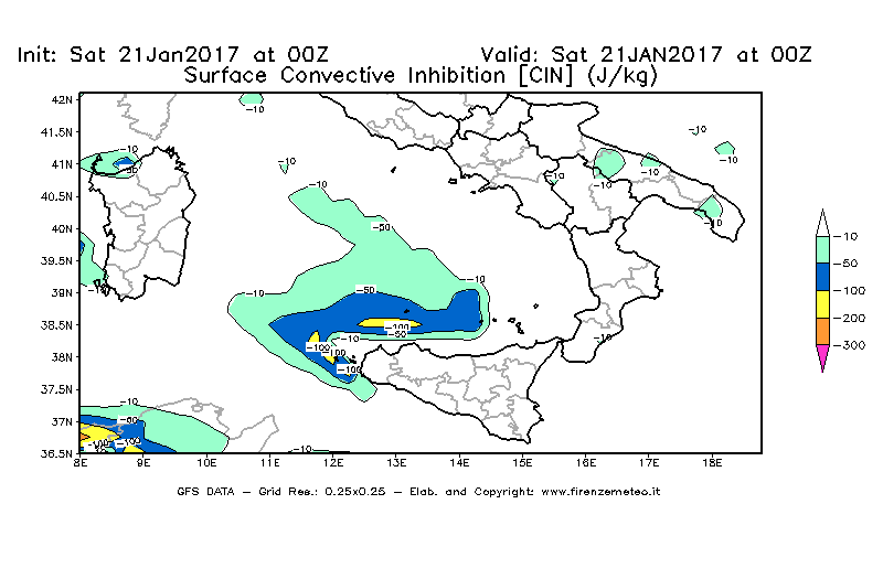 Mappa di analisi GFS - CIN [J/kg] in Sud-Italia
							del 21/01/2017 00 <!--googleoff: index-->UTC<!--googleon: index-->