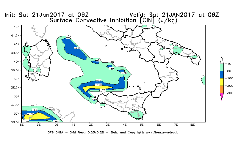 Mappa di analisi GFS - CIN [J/kg] in Sud-Italia
							del 21/01/2017 06 <!--googleoff: index-->UTC<!--googleon: index-->