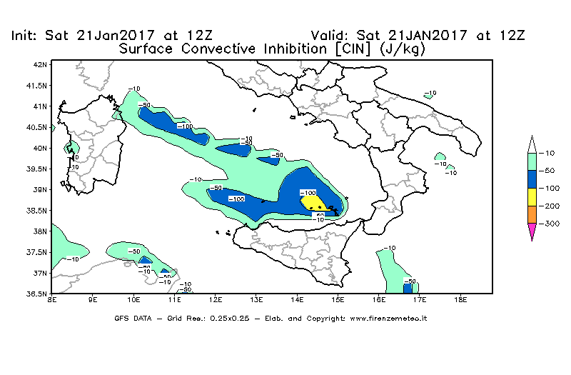 Mappa di analisi GFS - CIN [J/kg] in Sud-Italia
							del 21/01/2017 12 <!--googleoff: index-->UTC<!--googleon: index-->