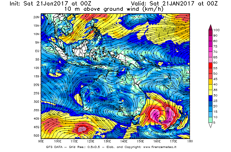 Mappa di analisi GFS - Velocità del vento a 10 metri dal suolo [km/h] in Oceania
							del 21/01/2017 00 <!--googleoff: index-->UTC<!--googleon: index-->