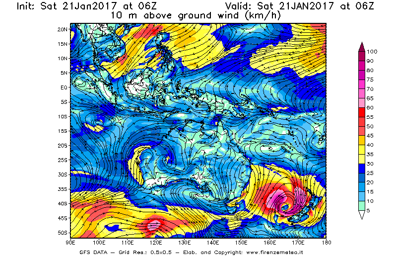 Mappa di analisi GFS - Velocità del vento a 10 metri dal suolo [km/h] in Oceania
							del 21/01/2017 06 <!--googleoff: index-->UTC<!--googleon: index-->