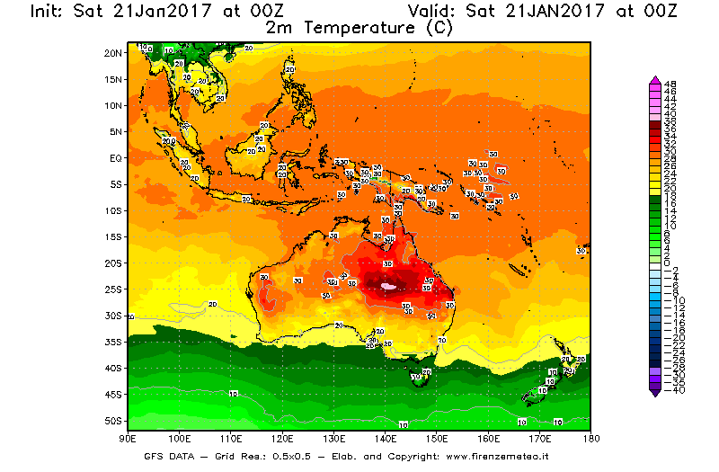 Mappa di analisi GFS - Temperatura a 2 metri dal suolo [°C] in Oceania
							del 21/01/2017 00 <!--googleoff: index-->UTC<!--googleon: index-->