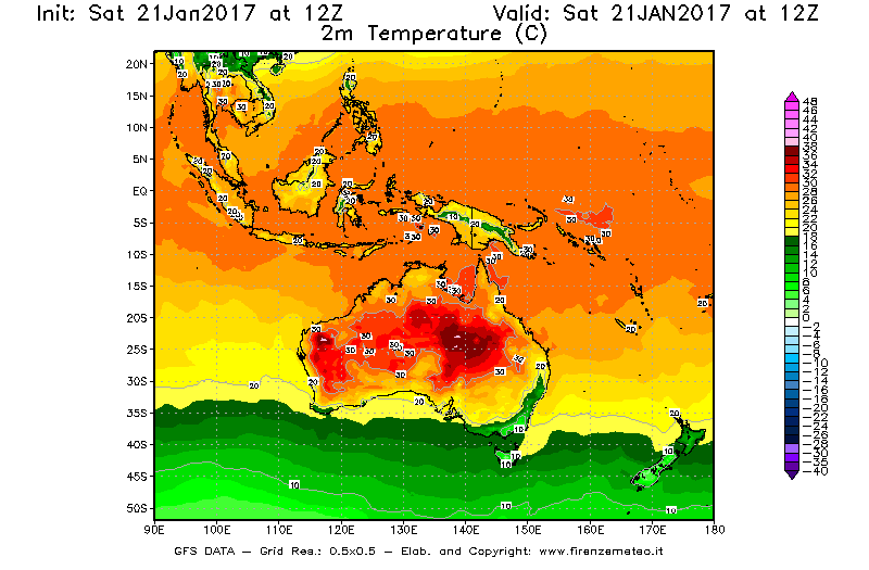 Mappa di analisi GFS - Temperatura a 2 metri dal suolo [°C] in Oceania
							del 21/01/2017 12 <!--googleoff: index-->UTC<!--googleon: index-->