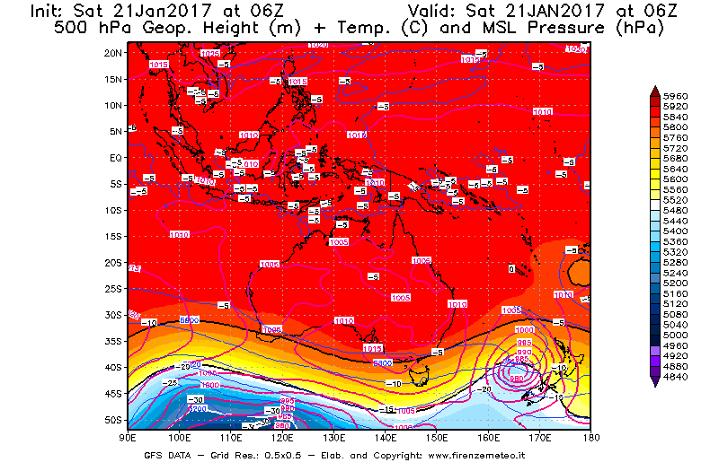 Mappa di analisi GFS - Geopotenziale [m] + Temp. [°C] a 500 hPa + Press. a livello del mare [hPa] in Oceania
							del 21/01/2017 06 <!--googleoff: index-->UTC<!--googleon: index-->