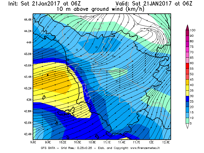 Mappa di analisi GFS - Velocità del vento a 10 metri dal suolo [km/h] in Toscana
							del 21/01/2017 06 <!--googleoff: index-->UTC<!--googleon: index-->
