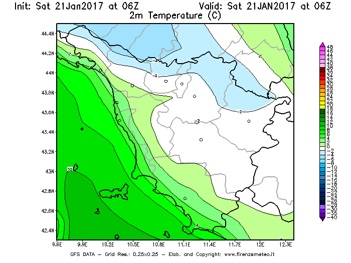 Mappa di analisi GFS - Temperatura a 2 metri dal suolo [°C] in Toscana
							del 21/01/2017 06 <!--googleoff: index-->UTC<!--googleon: index-->