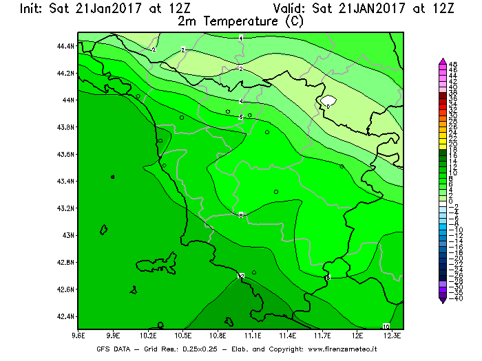 Mappa di analisi GFS - Temperatura a 2 metri dal suolo [°C] in Toscana
							del 21/01/2017 12 <!--googleoff: index-->UTC<!--googleon: index-->
