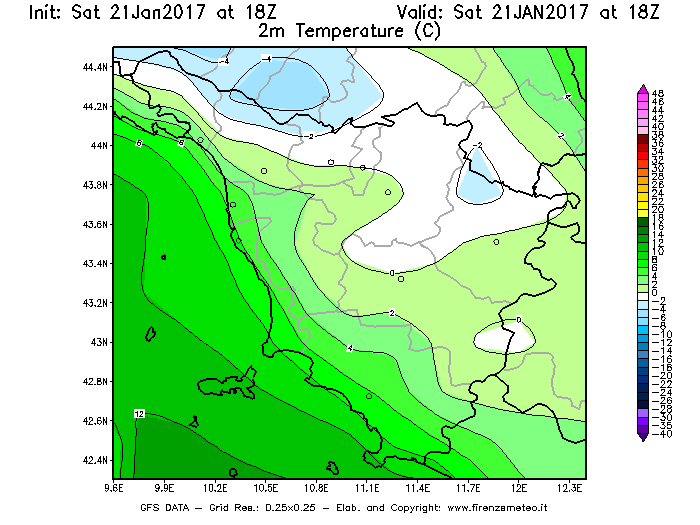 Mappa di analisi GFS - Temperatura a 2 metri dal suolo [°C] in Toscana
							del 21/01/2017 18 <!--googleoff: index-->UTC<!--googleon: index-->