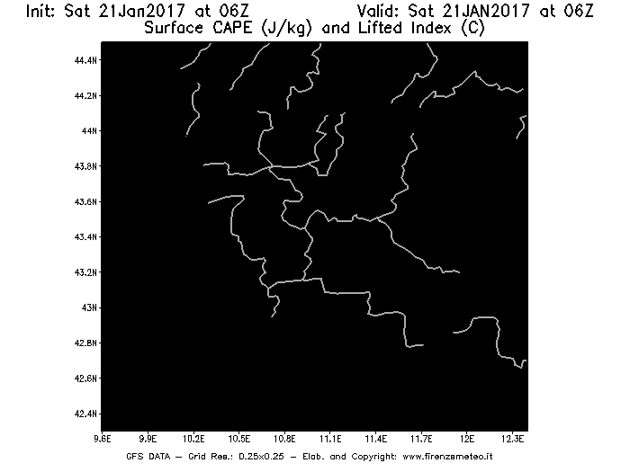 Mappa di analisi GFS - CAPE [J/kg] e Lifted Index [°C] in Toscana
							del 21/01/2017 06 <!--googleoff: index-->UTC<!--googleon: index-->