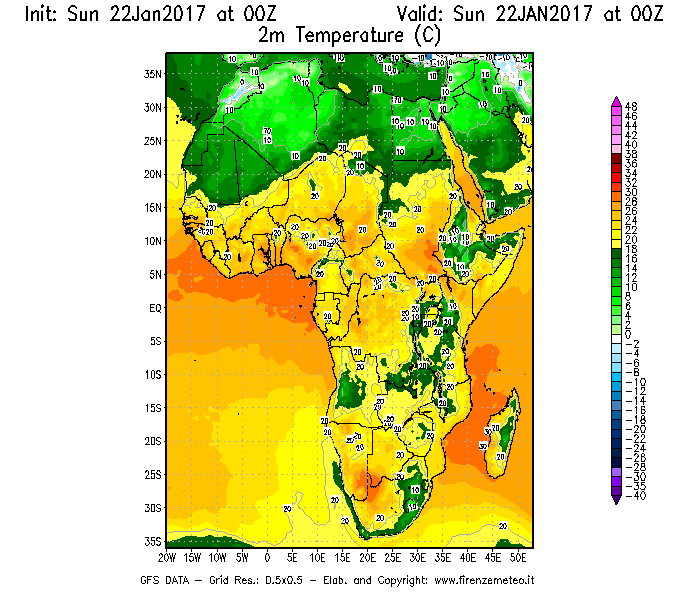 Mappa di analisi GFS - Temperatura a 2 metri dal suolo [°C] in Africa
									del 22/01/2017 00 <!--googleoff: index-->UTC<!--googleon: index-->