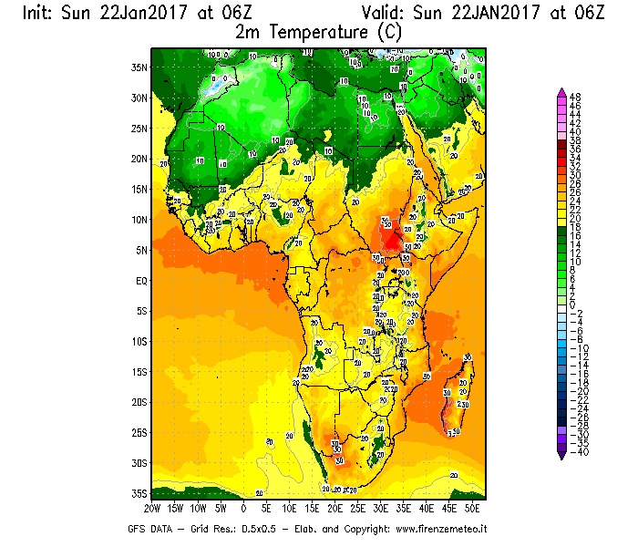 Mappa di analisi GFS - Temperatura a 2 metri dal suolo [°C] in Africa
							del 22/01/2017 06 <!--googleoff: index-->UTC<!--googleon: index-->