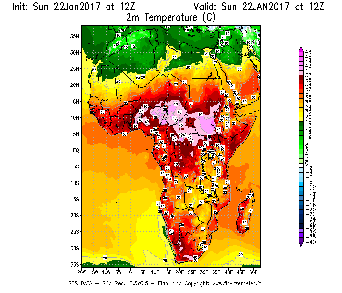 Mappa di analisi GFS - Temperatura a 2 metri dal suolo [°C] in Africa
							del 22/01/2017 12 <!--googleoff: index-->UTC<!--googleon: index-->