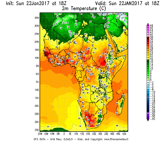 Mappa di analisi GFS - Temperatura a 2 metri dal suolo [°C] in Africa
									del 22/01/2017 18 <!--googleoff: index-->UTC<!--googleon: index-->