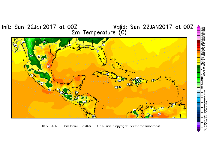 Mappa di analisi GFS - Temperatura a 2 metri dal suolo [°C] in Centro-America
									del 22/01/2017 00 <!--googleoff: index-->UTC<!--googleon: index-->