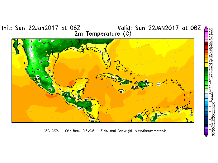 Mappa di analisi GFS - Temperatura a 2 metri dal suolo [°C] in Centro-America
							del 22/01/2017 06 <!--googleoff: index-->UTC<!--googleon: index-->