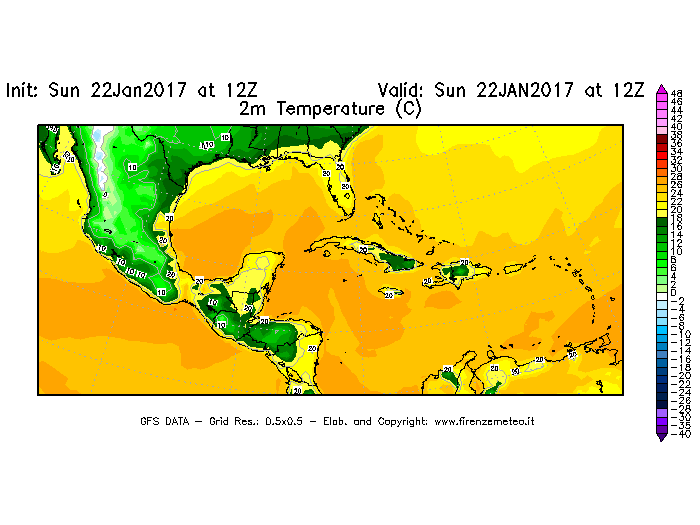 Mappa di analisi GFS - Temperatura a 2 metri dal suolo [°C] in Centro-America
									del 22/01/2017 12 <!--googleoff: index-->UTC<!--googleon: index-->