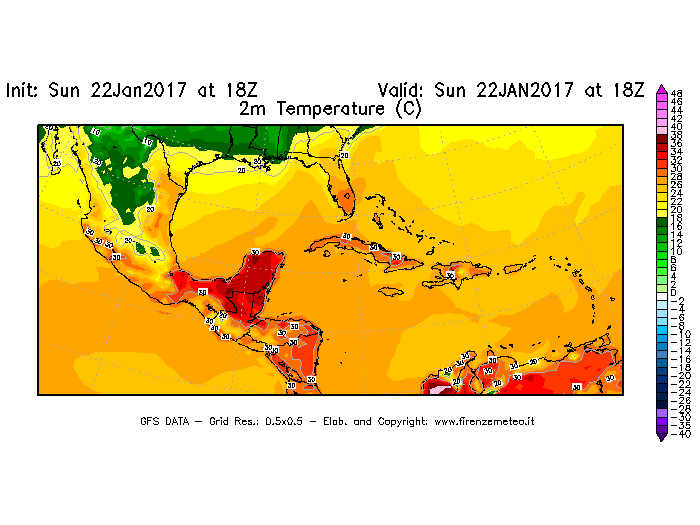 Mappa di analisi GFS - Temperatura a 2 metri dal suolo [°C] in Centro-America
									del 22/01/2017 18 <!--googleoff: index-->UTC<!--googleon: index-->