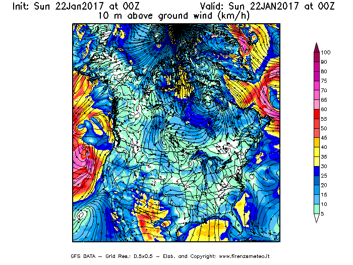 Mappa di analisi GFS - Velocità del vento a 10 metri dal suolo [km/h] in Nord-America
							del 22/01/2017 00 <!--googleoff: index-->UTC<!--googleon: index-->