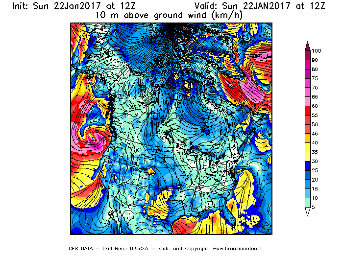 Mappa di analisi GFS - Velocità del vento a 10 metri dal suolo [km/h] in Nord-America
							del 22/01/2017 12 <!--googleoff: index-->UTC<!--googleon: index-->