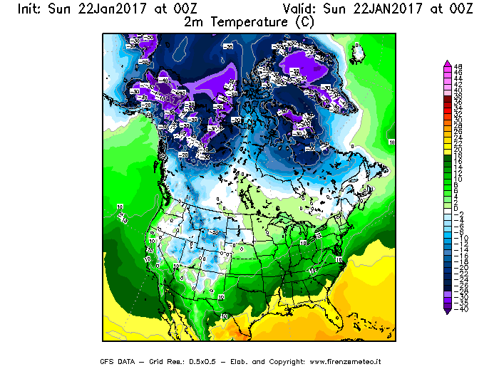 Mappa di analisi GFS - Temperatura a 2 metri dal suolo [°C] in Nord-America
							del 22/01/2017 00 <!--googleoff: index-->UTC<!--googleon: index-->