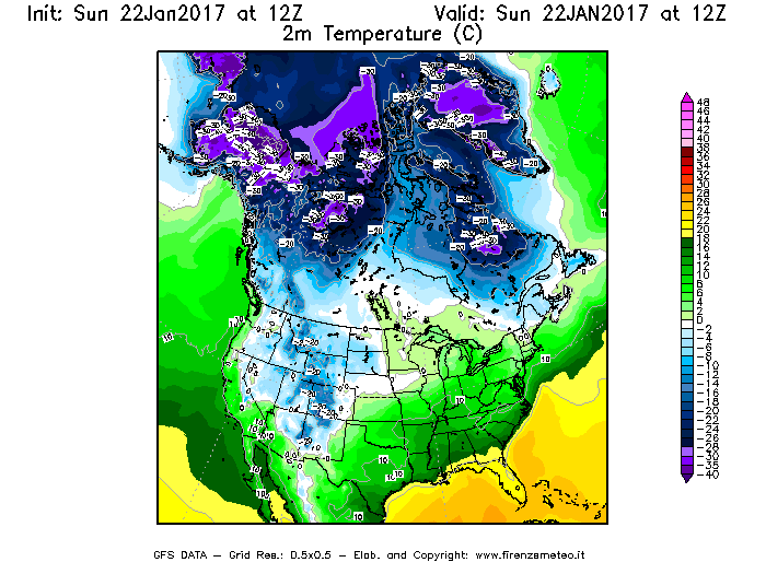 Mappa di analisi GFS - Temperatura a 2 metri dal suolo [°C] in Nord-America
							del 22/01/2017 12 <!--googleoff: index-->UTC<!--googleon: index-->