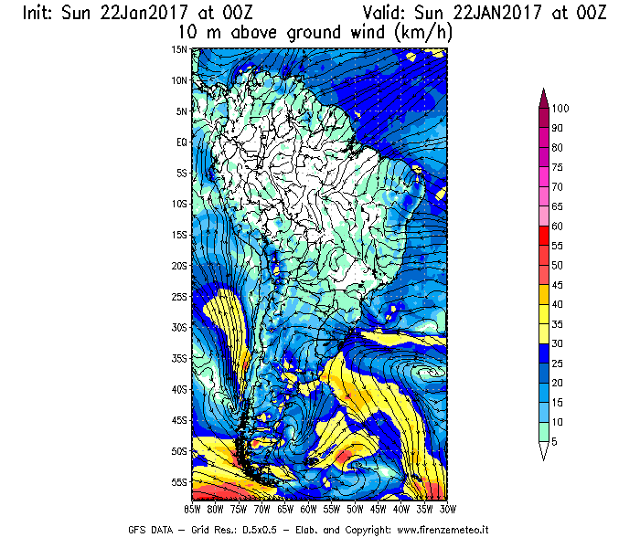 Mappa di analisi GFS - Velocità del vento a 10 metri dal suolo [km/h] in Sud-America
							del 22/01/2017 00 <!--googleoff: index-->UTC<!--googleon: index-->
