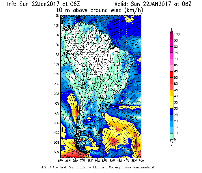 Mappa di analisi GFS - Velocità del vento a 10 metri dal suolo [km/h] in Sud-America
									del 22/01/2017 06 <!--googleoff: index-->UTC<!--googleon: index-->