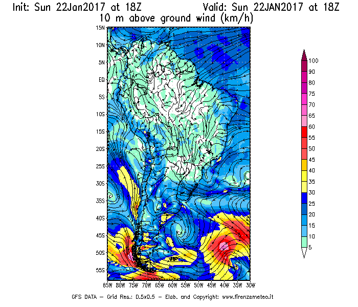 Mappa di analisi GFS - Velocità del vento a 10 metri dal suolo [km/h] in Sud-America
									del 22/01/2017 18 <!--googleoff: index-->UTC<!--googleon: index-->