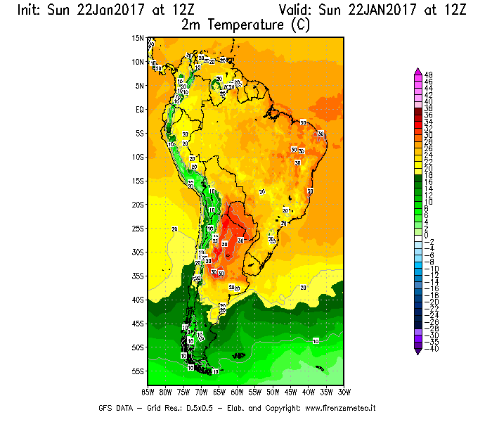 Mappa di analisi GFS - Temperatura a 2 metri dal suolo [°C] in Sud-America
									del 22/01/2017 12 <!--googleoff: index-->UTC<!--googleon: index-->