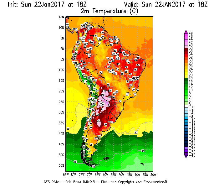 Mappa di analisi GFS - Temperatura a 2 metri dal suolo [°C] in Sud-America
							del 22/01/2017 18 <!--googleoff: index-->UTC<!--googleon: index-->