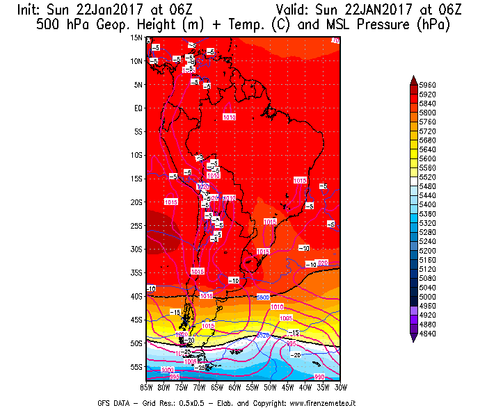 Mappa di analisi GFS - Geopotenziale [m] + Temp. [°C] a 500 hPa + Press. a livello del mare [hPa] in Sud-America
									del 22/01/2017 06 <!--googleoff: index-->UTC<!--googleon: index-->