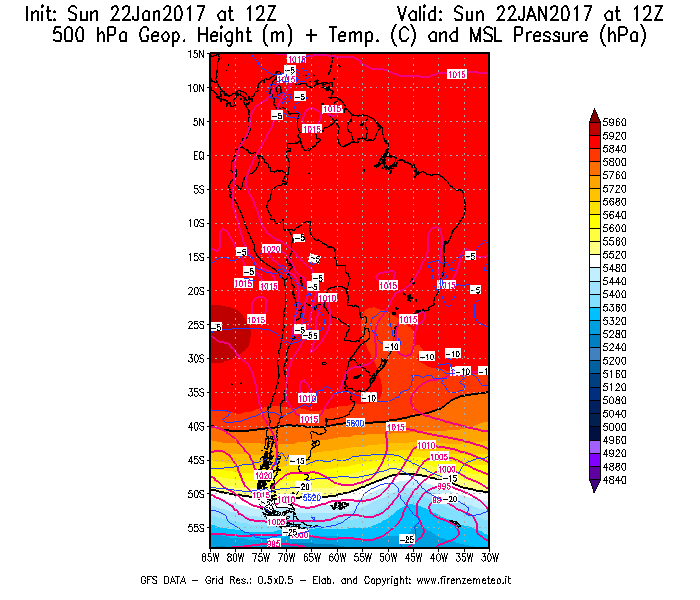 Mappa di analisi GFS - Geopotenziale [m] + Temp. [°C] a 500 hPa + Press. a livello del mare [hPa] in Sud-America
									del 22/01/2017 12 <!--googleoff: index-->UTC<!--googleon: index-->