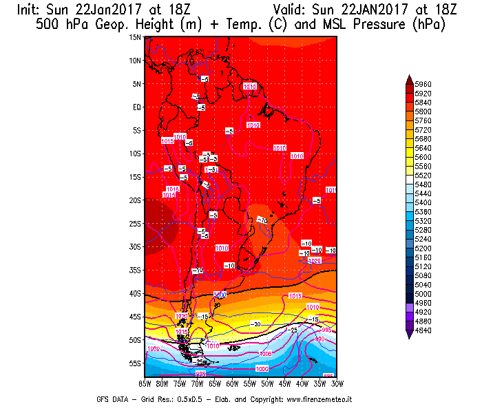 Mappa di analisi GFS - Geopotenziale [m] + Temp. [°C] a 500 hPa + Press. a livello del mare [hPa] in Sud-America
							del 22/01/2017 18 <!--googleoff: index-->UTC<!--googleon: index-->