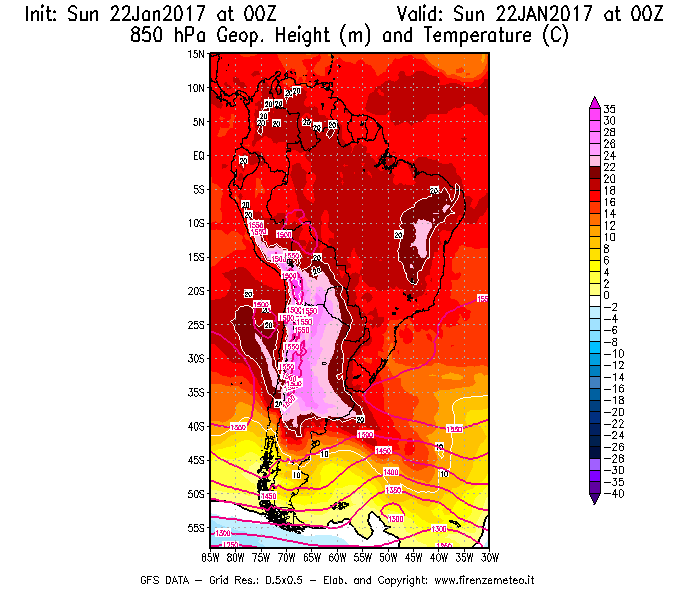 Mappa di analisi GFS - Geopotenziale [m] e Temperatura [°C] a 850 hPa in Sud-America
							del 22/01/2017 00 <!--googleoff: index-->UTC<!--googleon: index-->