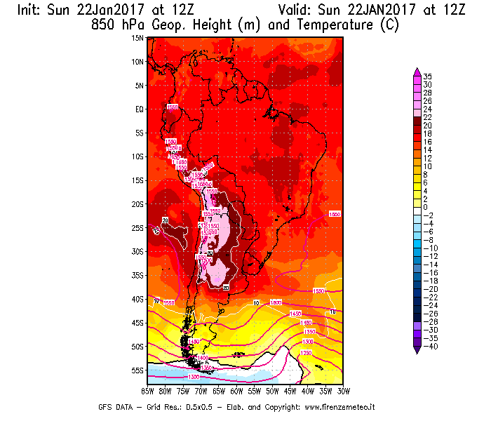 Mappa di analisi GFS - Geopotenziale [m] e Temperatura [°C] a 850 hPa in Sud-America
							del 22/01/2017 12 <!--googleoff: index-->UTC<!--googleon: index-->