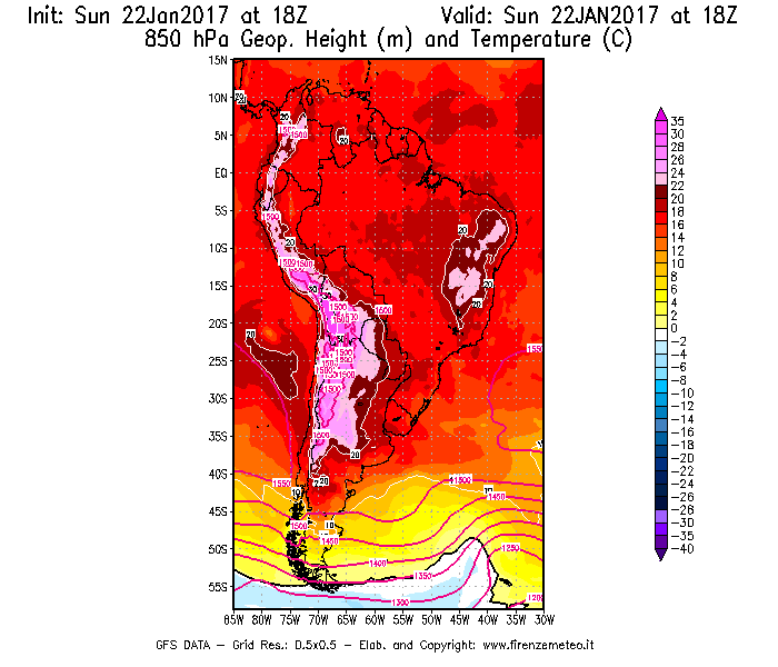 Mappa di analisi GFS - Geopotenziale [m] e Temperatura [°C] a 850 hPa in Sud-America
									del 22/01/2017 18 <!--googleoff: index-->UTC<!--googleon: index-->