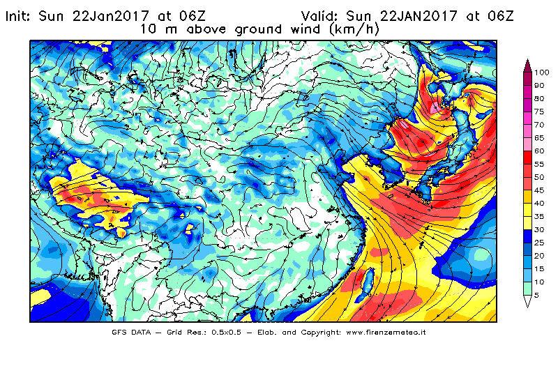 Mappa di analisi GFS - Velocità del vento a 10 metri dal suolo [km/h] in Asia Orientale
									del 22/01/2017 06 <!--googleoff: index-->UTC<!--googleon: index-->