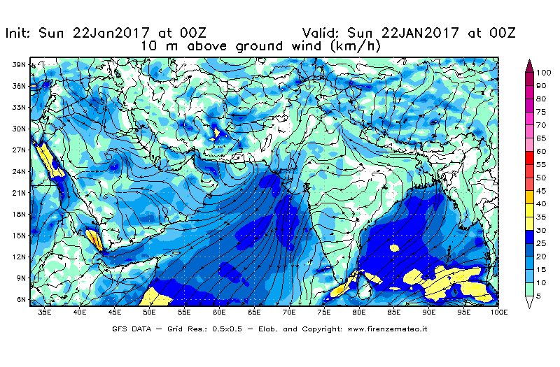 Mappa di analisi GFS - Velocità del vento a 10 metri dal suolo [km/h] in Asia Sud-Occidentale
									del 22/01/2017 00 <!--googleoff: index-->UTC<!--googleon: index-->