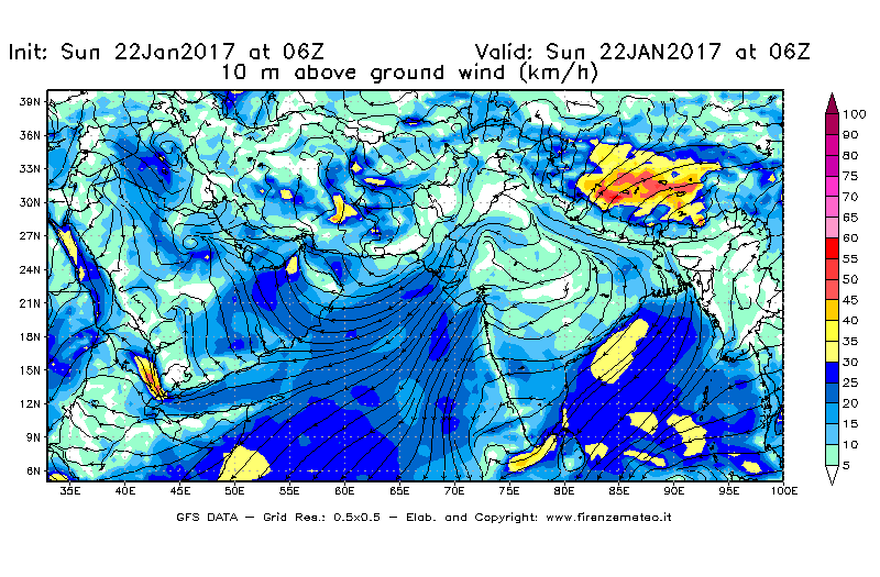 Mappa di analisi GFS - Velocità del vento a 10 metri dal suolo [km/h] in Asia Sud-Occidentale
							del 22/01/2017 06 <!--googleoff: index-->UTC<!--googleon: index-->